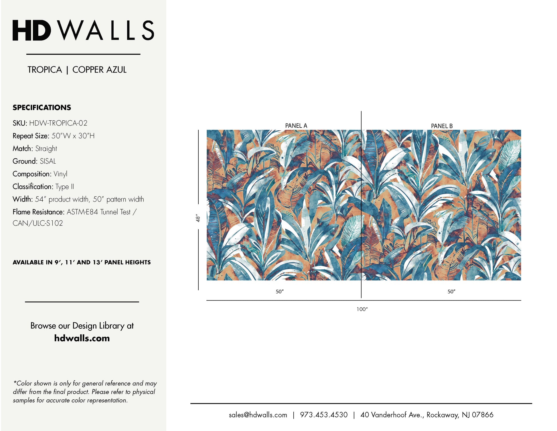 Wallpaper sample with leaf pattern and product details on a white background