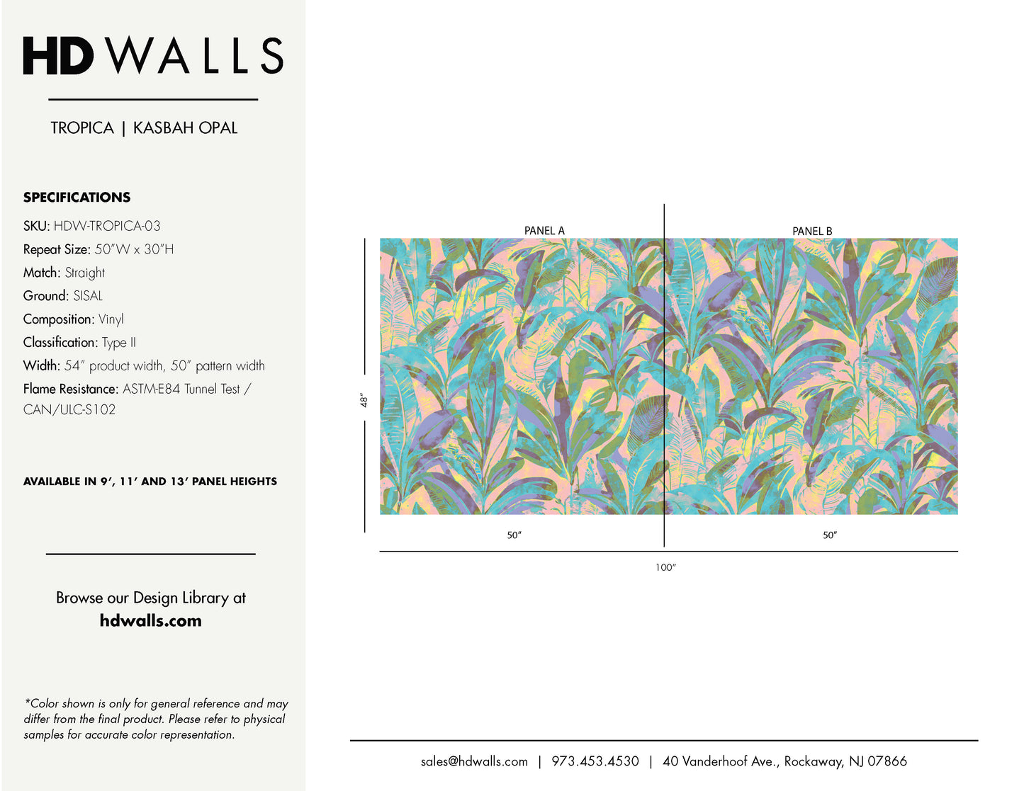 Wallpaper design with leaf pattern and product specifications on a white background