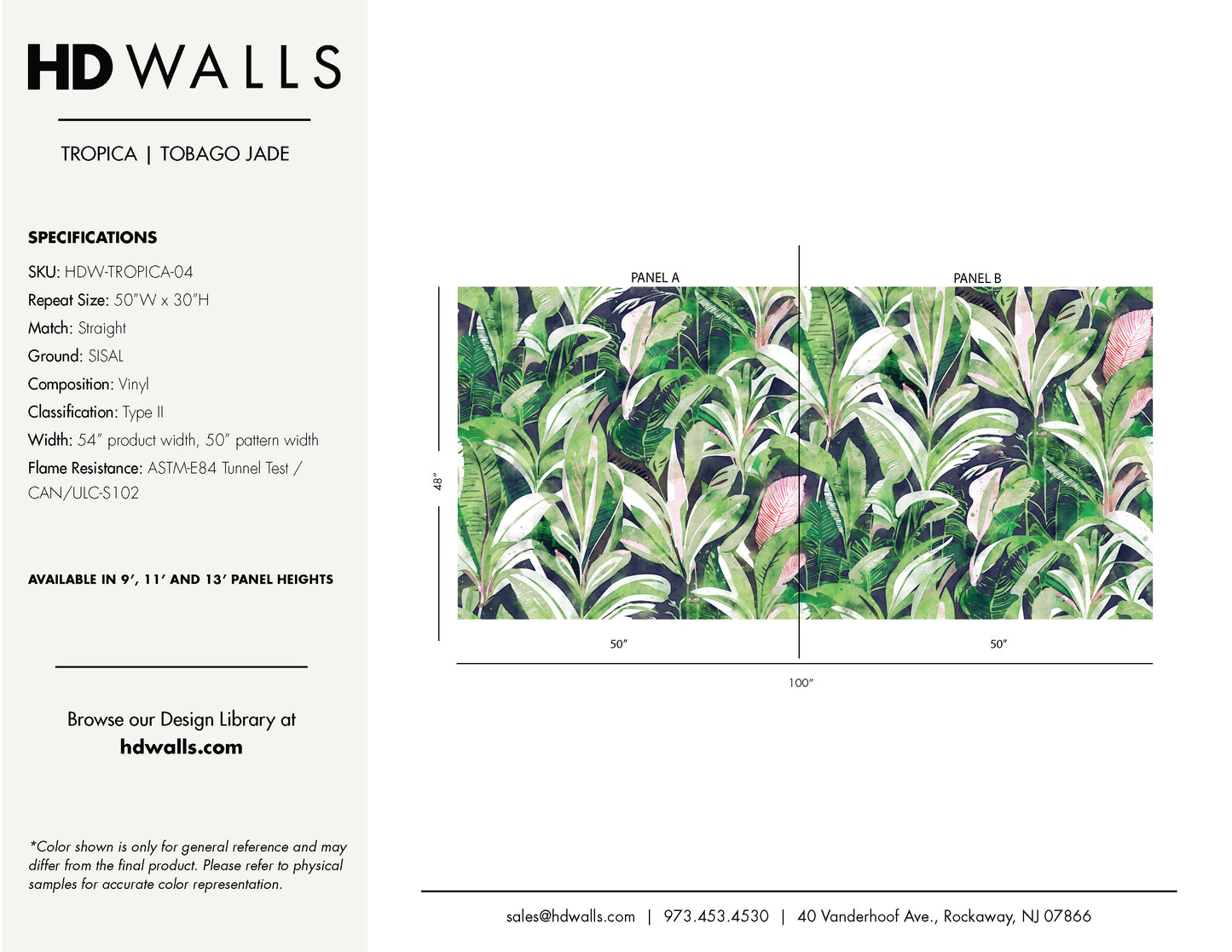 Wallpaper design with tropical leaf pattern and product specifications on a white background.