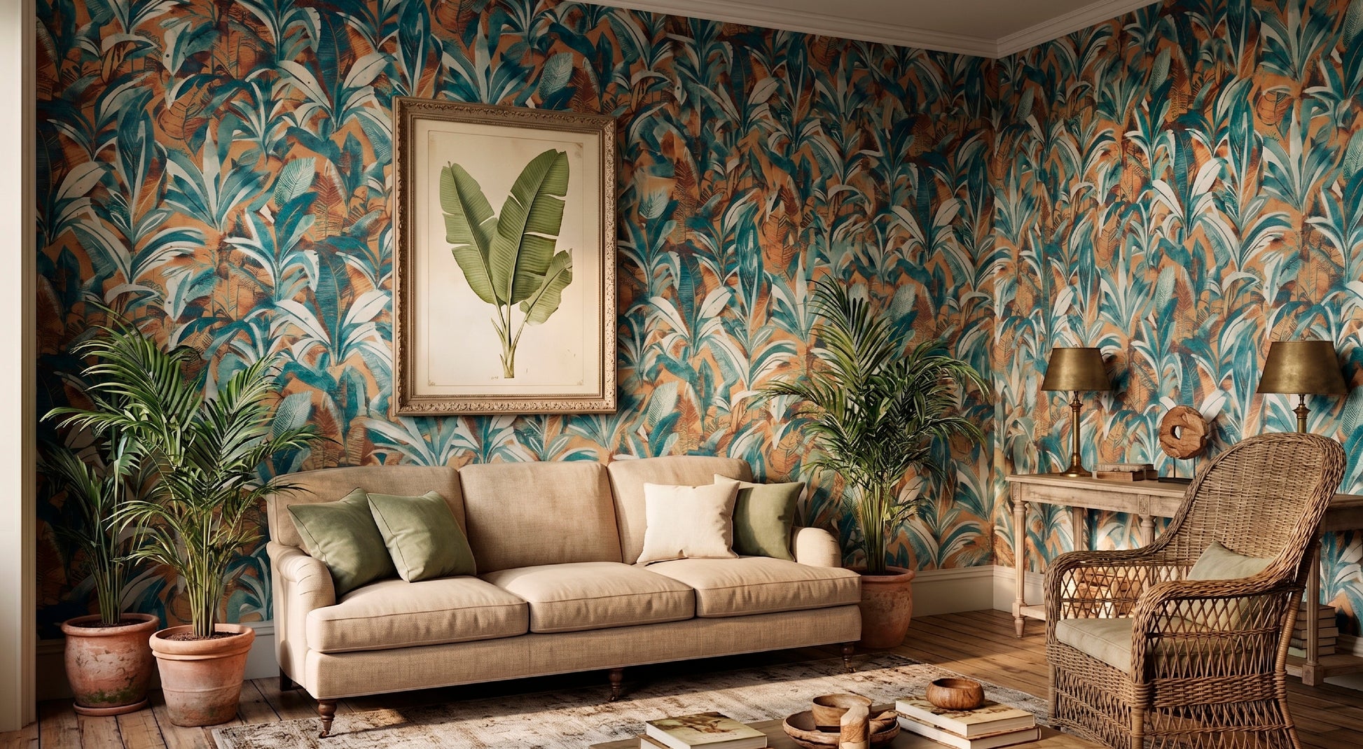 Living room with floral wallpaper, beige sofa, and decorative items.