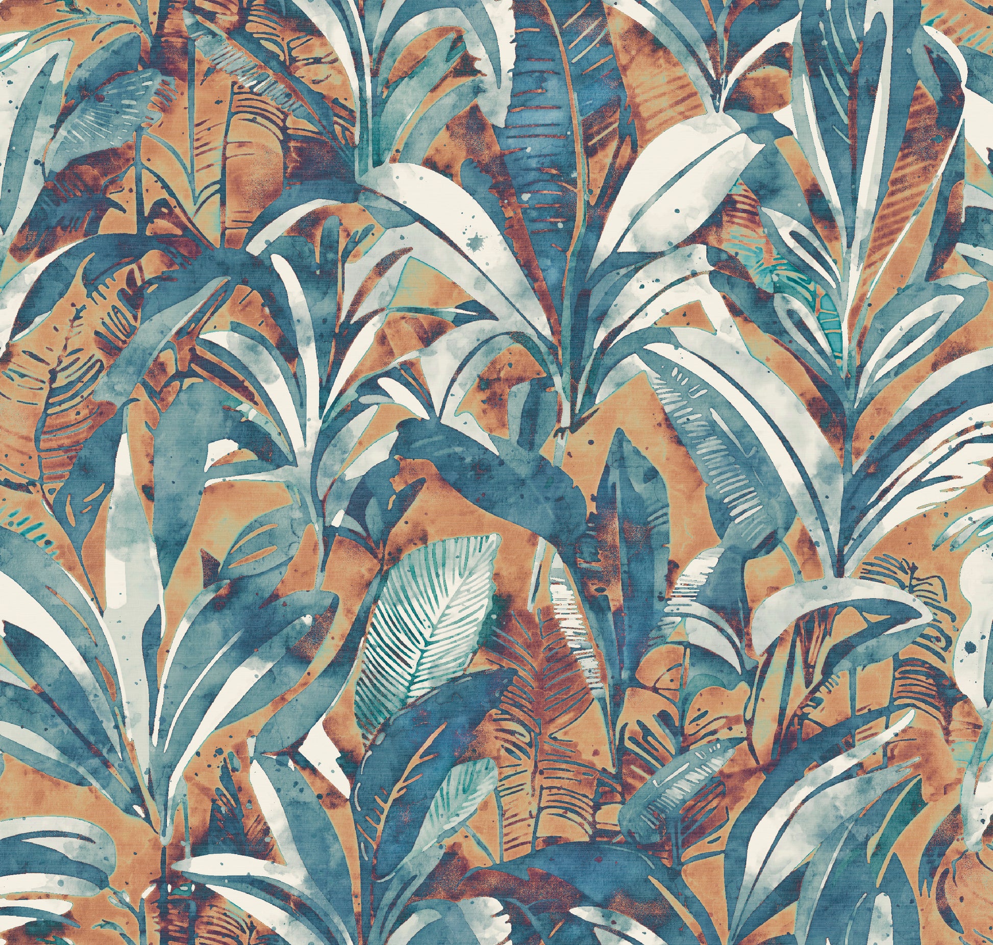 Tropical leaf pattern with blue, green, and brown colors on a textured background