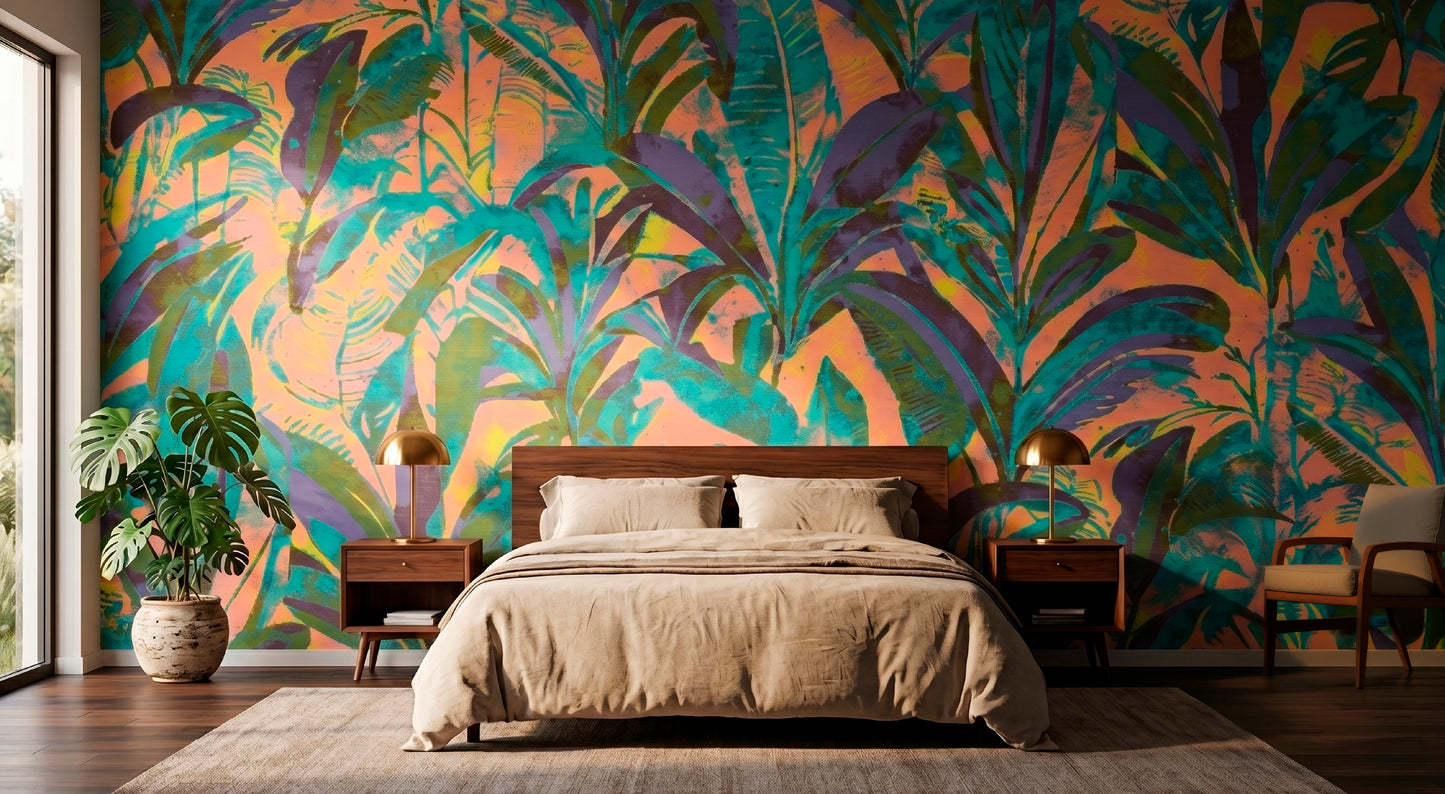 Bedroom with a colorful tropical leaf patterned wall mural.