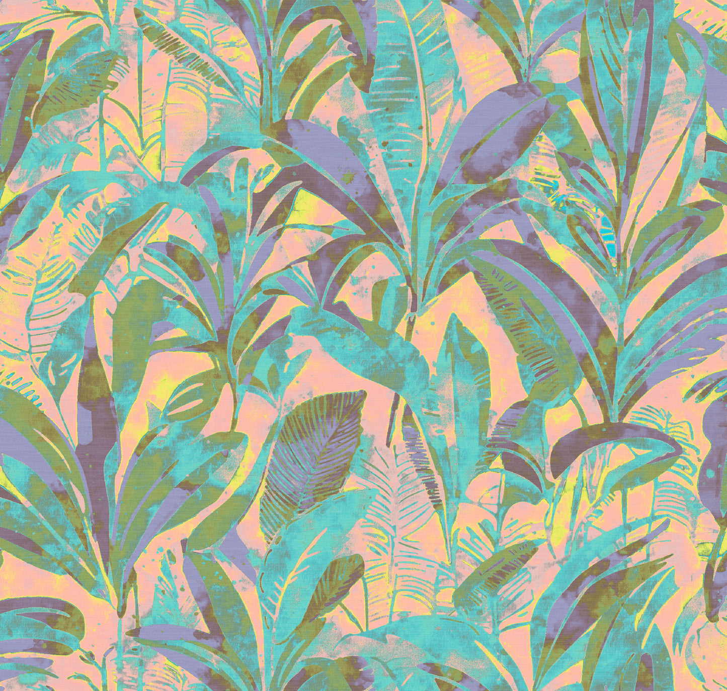 Tropical leaf pattern with green, purple, and blue leaves on a pink background