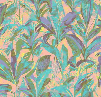 Tropical leaf pattern with green, purple, and blue leaves on a pink background