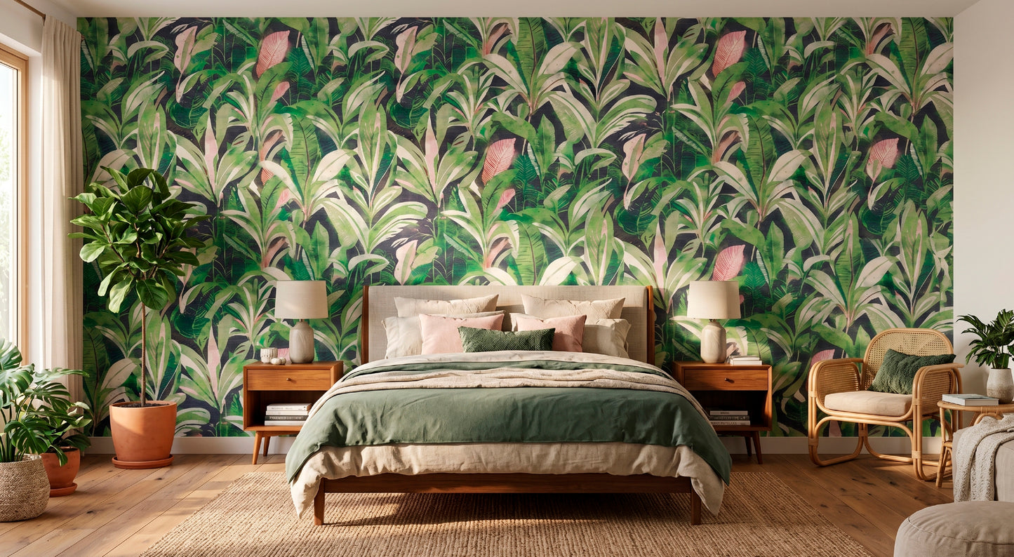 Bedroom with green leafy wallpaper, bed, and furniture.