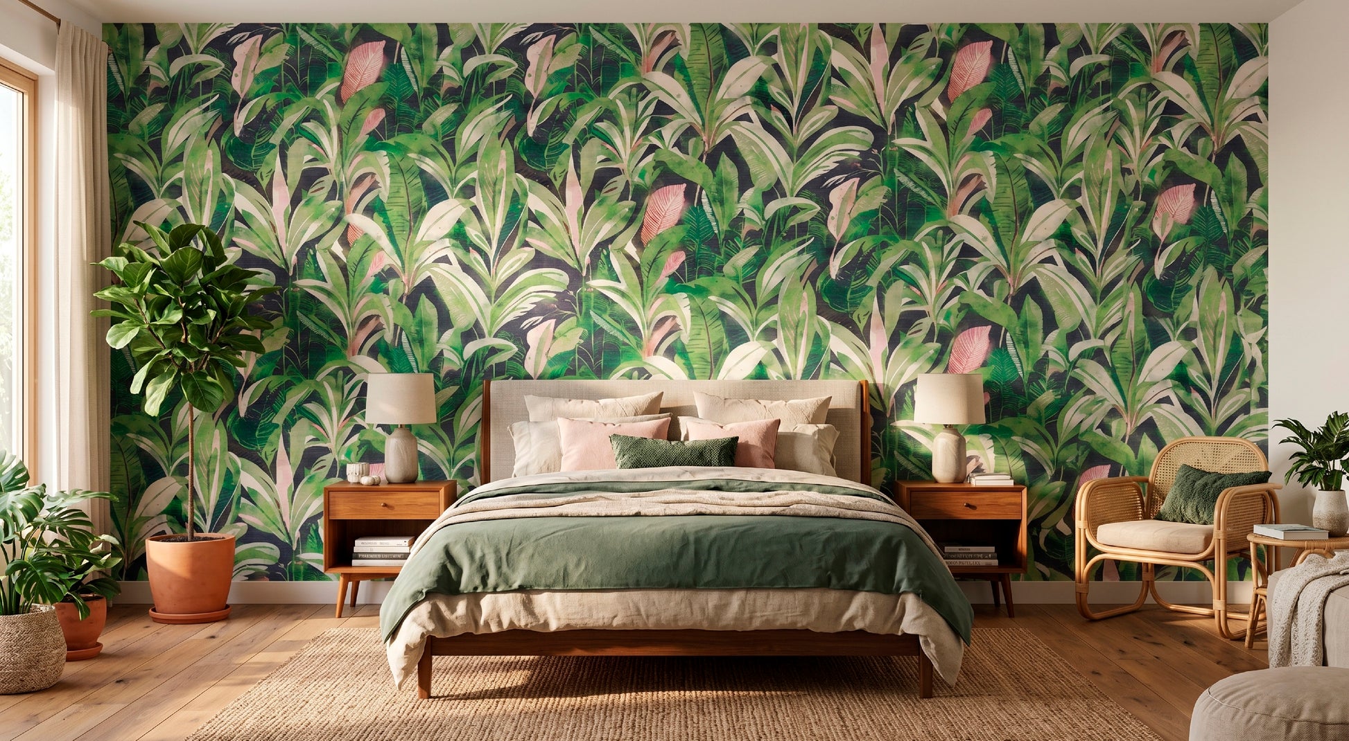 Bedroom with green leafy wallpaper, bed, and furniture.