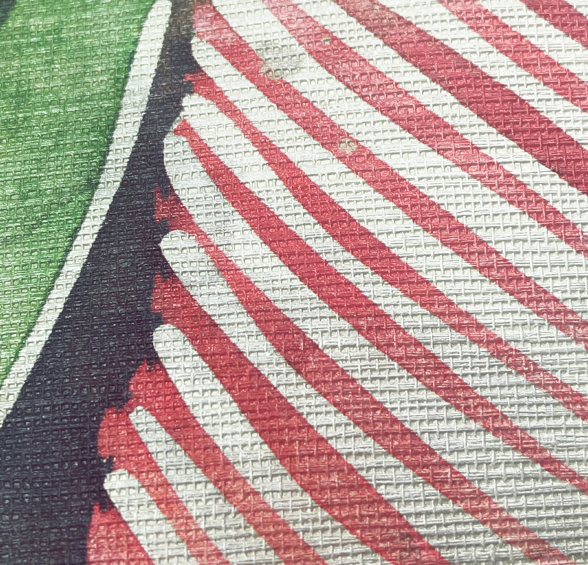 Close-up of a fabric with red and white striped pattern on a green and black background
