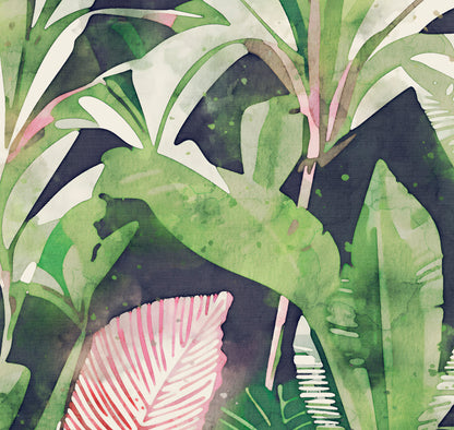 Tropical leaf pattern with green, pink, and black colors on a dark background