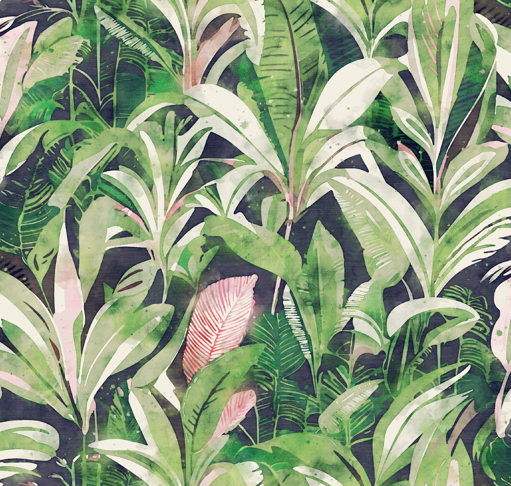 Tropical leaf pattern with green and pink leaves on a dark background