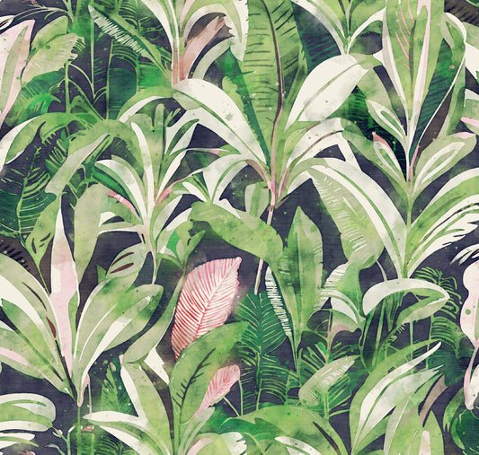 Tropical leaf pattern with green and pink leaves on a dark background