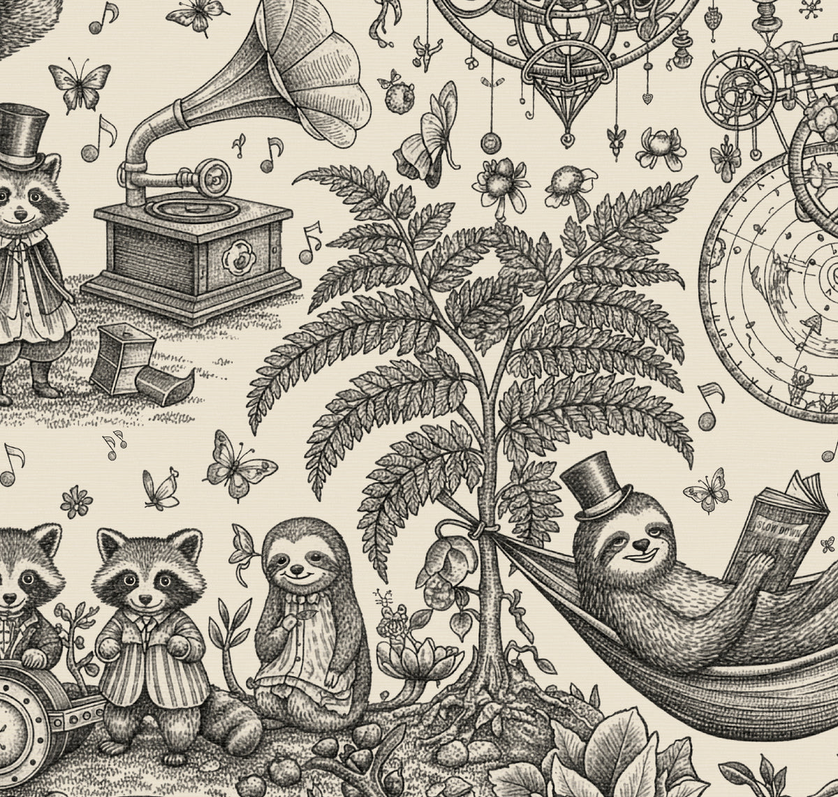 HDWALLS WOODLAND Charcoal Raffia wallpaper on AMAMI vinyl, with charcoal raccoons, reading sloths and ferns on beige