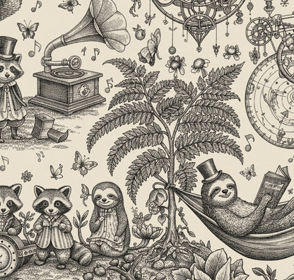 HDWALLS WOODLAND Charcoal Raffia wallpaper on AMAMI vinyl, with charcoal raccoons, reading sloths and ferns on beige