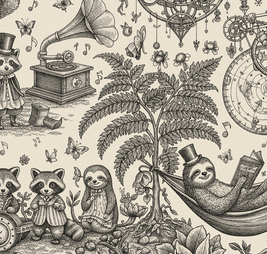 HDWALLS WOODLAND Charcoal Raffia wallpaper on AMAMI vinyl, with charcoal raccoons, reading sloths and ferns on beige