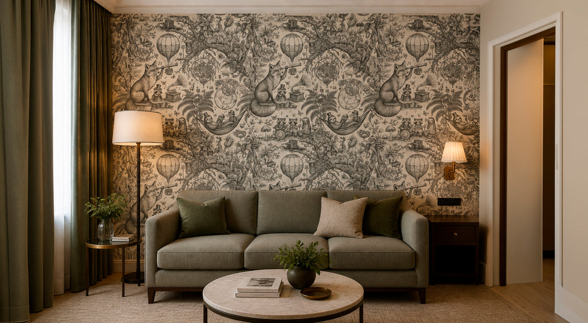HDWALLS WOODLAND Charcoal Raffia toile wallpaper on a sitting-area feature wall behind a gray sofa and round coffee table.