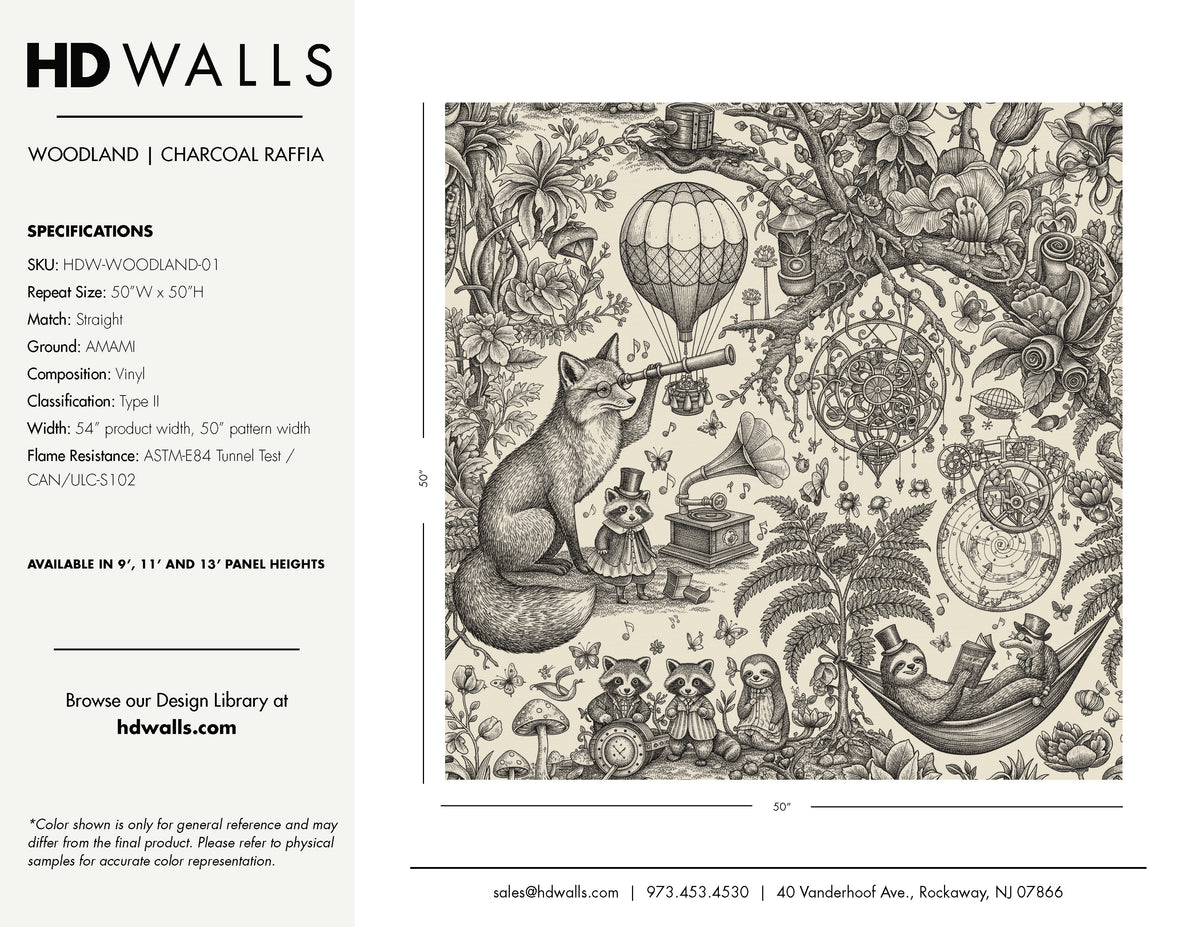 HDWALLS WOODLAND Charcoal Raffia tear sheet: charcoal toile on AMAMI Type II vinyl, 54-inch product width and 50-inch pattern width.