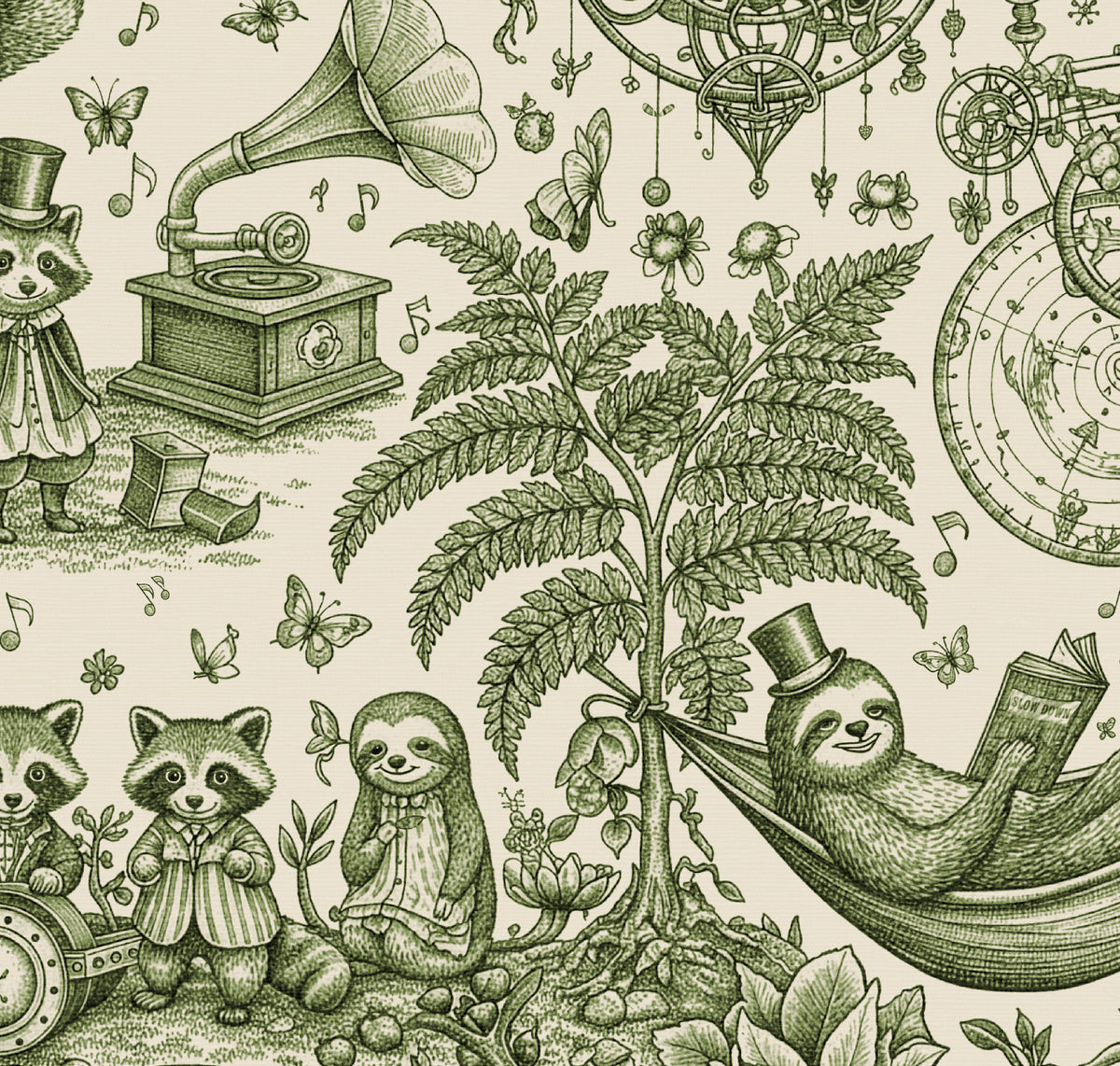 HDWALLS WOODLAND Fern Hemp wallpaper with green woodland animals and whimsical machinery; 50″ W × 50″ H pattern repeat