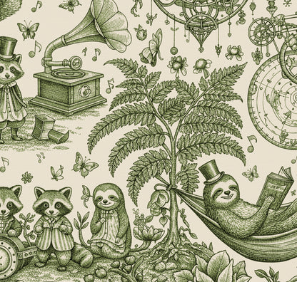 HDWALLS WOODLAND Fern Hemp wallpaper with green woodland animals and whimsical machinery; 50″ W × 50″ H pattern repeat