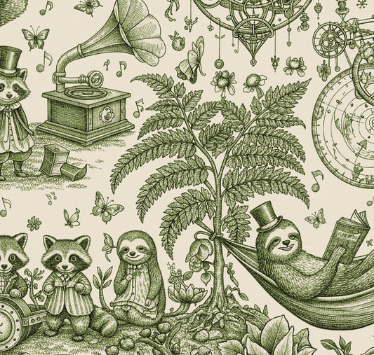 HDWALLS WOODLAND Fern Hemp wallpaper with green woodland animals and whimsical machinery; 50″ W × 50″ H pattern repeat