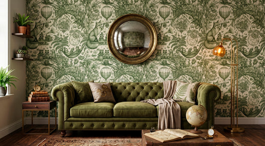 HDWALLS WOODLAND Fern Hemp green toile wallpaper with foxes and balloons behind a green tufted sofa and round mirror.