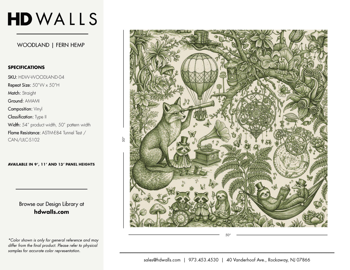 HDWALLS WOODLAND Fern Hemp tear sheet: green toile on AMAMI Type II vinyl, 50-inch W x 50-inch H repeat, 9-, 11- and 13-foot panel heights.