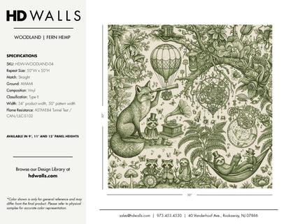 HDWALLS WOODLAND Fern Hemp tear sheet: green toile on AMAMI Type II vinyl, 50-inch W x 50-inch H repeat, 9-, 11- and 13-foot panel heights.