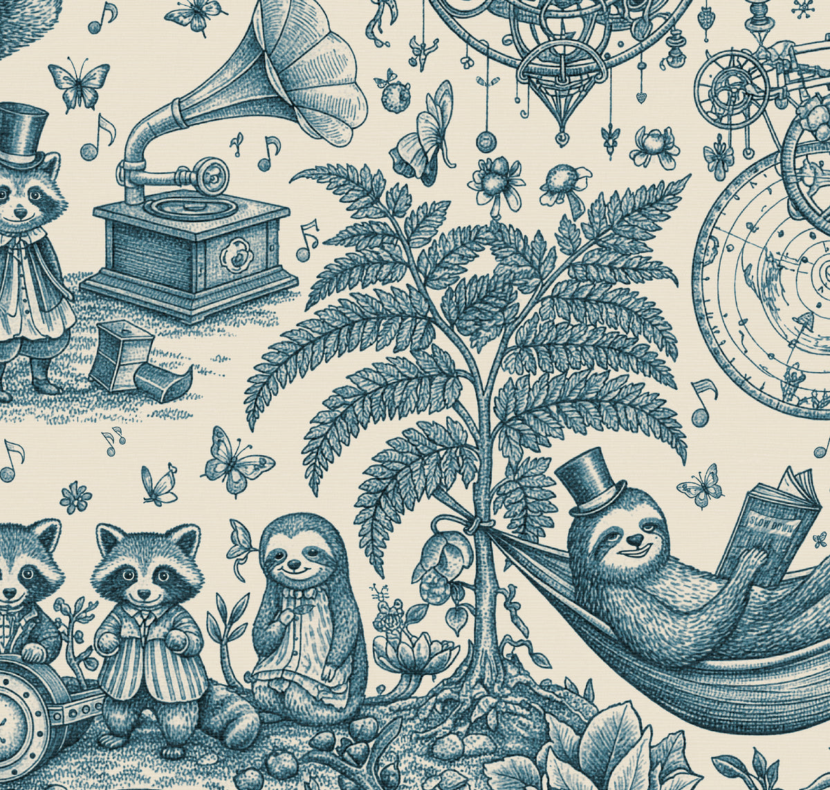 HDWALLS WOODLAND Navy Jute wallpaper with navy woodland animals, a gramophone and clockwork; 50″ W × 50″ H pattern repeat
