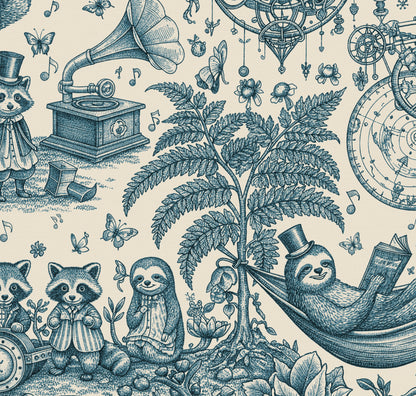 HDWALLS WOODLAND Navy Jute wallpaper with navy woodland animals, a gramophone and clockwork; 50″ W × 50″ H pattern repeat