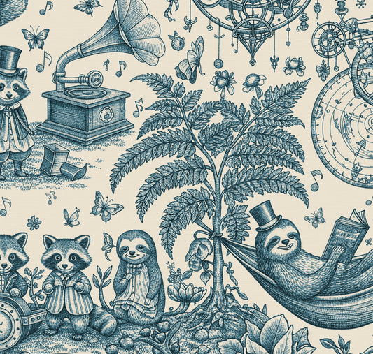 HDWALLS WOODLAND Navy Jute wallpaper with navy woodland animals, a gramophone and clockwork; 50″ W × 50″ H pattern repeat