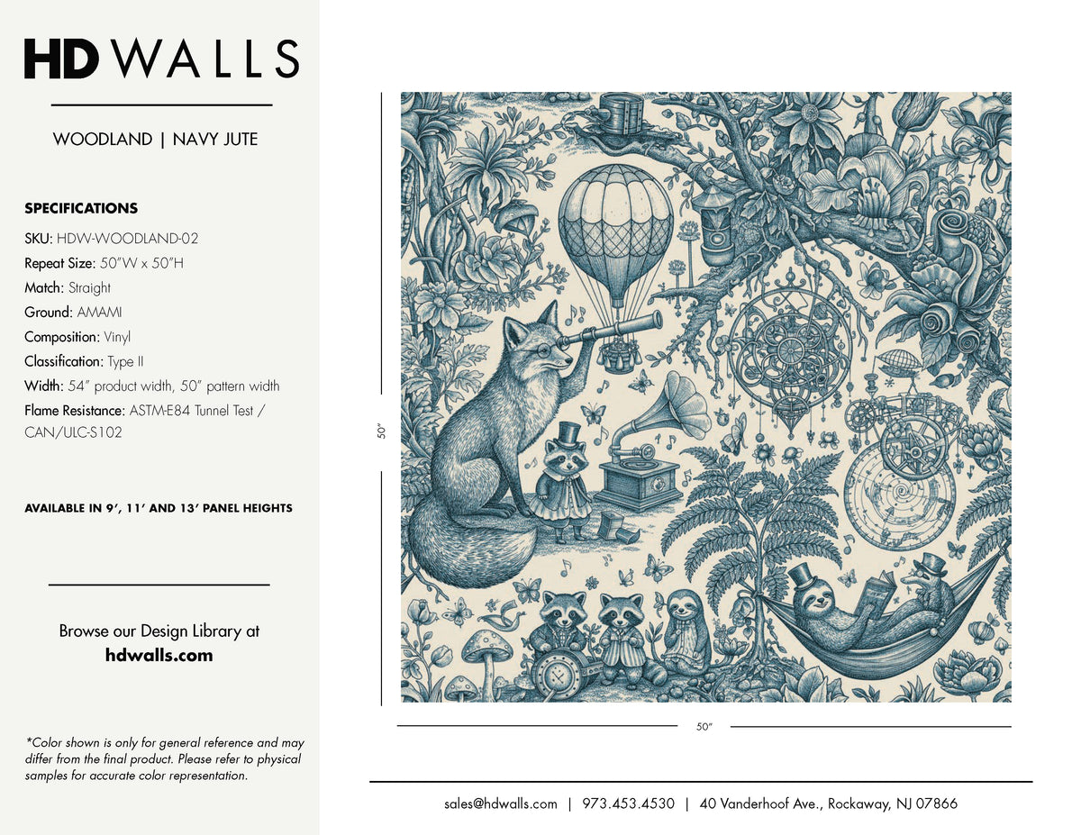 HDWALLS WOODLAND Navy Jute tear sheet: blue toile on AMAMI Type II vinyl, straight match, 50-inch W x 50-inch H repeat.