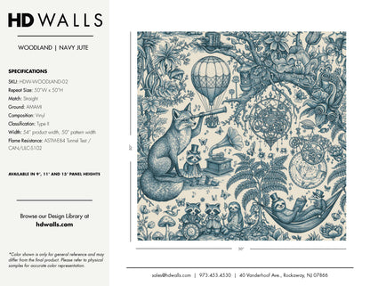 HDWALLS WOODLAND Navy Jute tear sheet: blue toile on AMAMI Type II vinyl, straight match, 50-inch W x 50-inch H repeat.