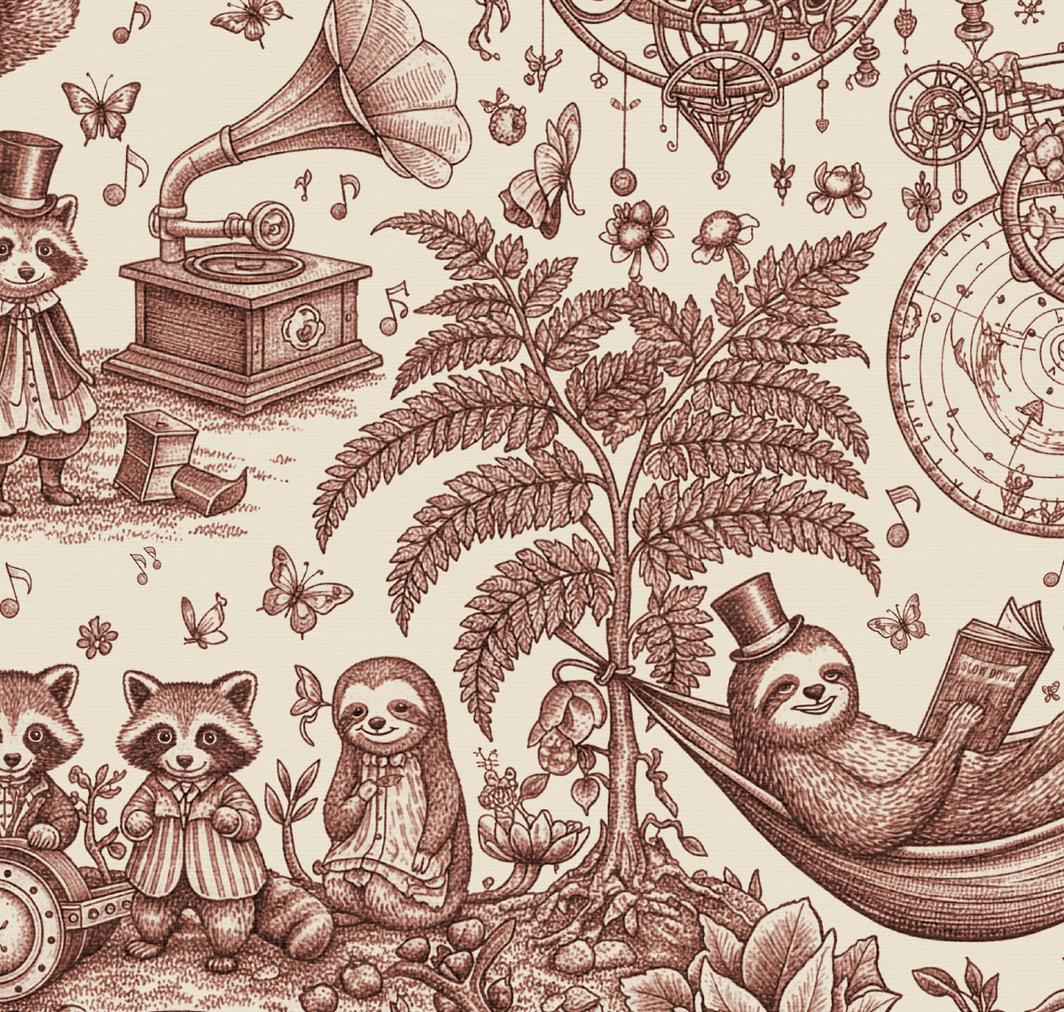 HDWALLS WOODLAND Sepia Sisal wallpaper with brown raccoons, sloths and ferns on beige AMAMI Type II vinyl