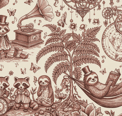 HDWALLS WOODLAND Sepia Sisal wallpaper with brown raccoons, sloths and ferns on beige AMAMI Type II vinyl