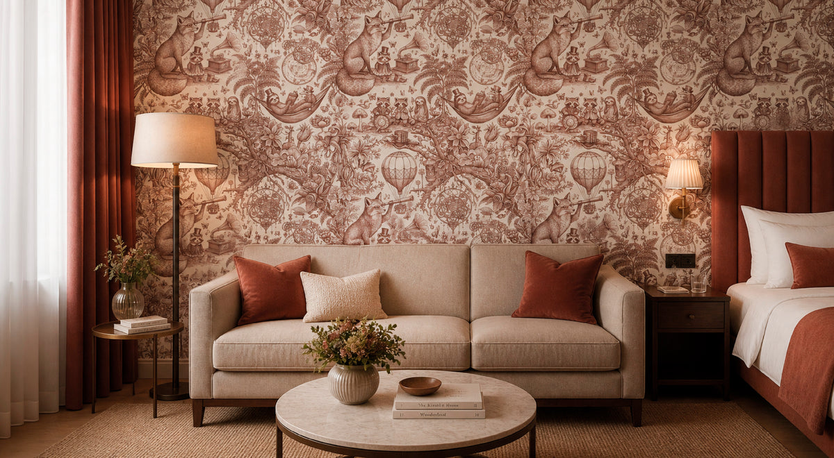 HDWALLS WOODLAND Sepia Sisal brown toile wallpaper behind a cream sofa and rust-colored bed in a bedroom sitting area.