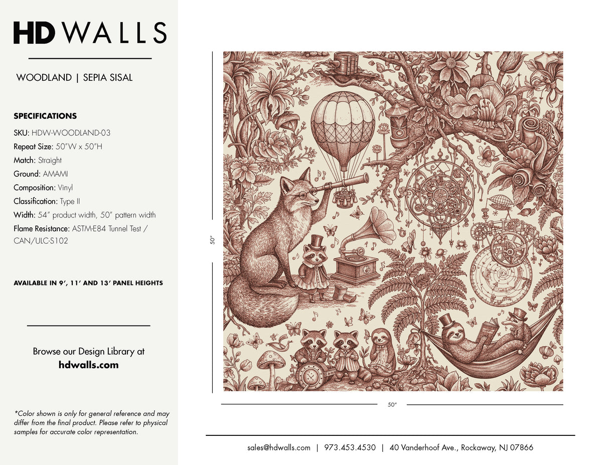 HDWALLS WOODLAND Sepia Sisal tear sheet: brown toile on AMAMI Type II vinyl, straight match, 50-inch W x 50-inch H repeat.