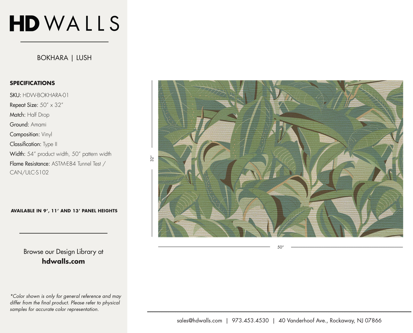 Bokhara Lush contract-grade wallcovering technical specifications detailing Class A fire rated data, impact resistance, and commercial performance.
