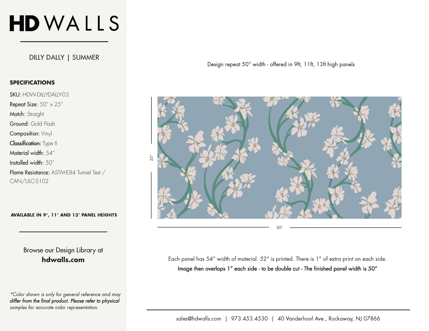 Dilly Dally summer Wallpaper sample specification sheet for HDWALLS  featuring a repeating floral pattern on a light blue-gray background with white flowers and green stems.