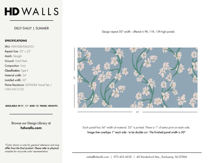 Dilly Dally summer Wallpaper sample specification sheet for HDWALLS  featuring a repeating floral pattern on a light blue-gray background with white flowers and green stems.