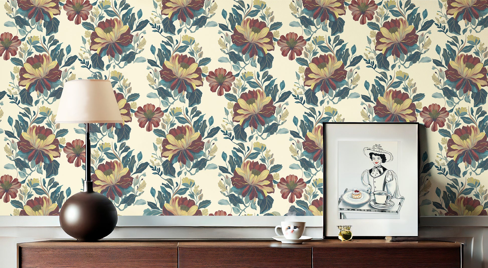 Majestic Warwick traditional wallpaper featuring a hand-painted floral pattern with large deep red and golden yellow blooms, navy blue leaves, and teal accents on a cream background.
