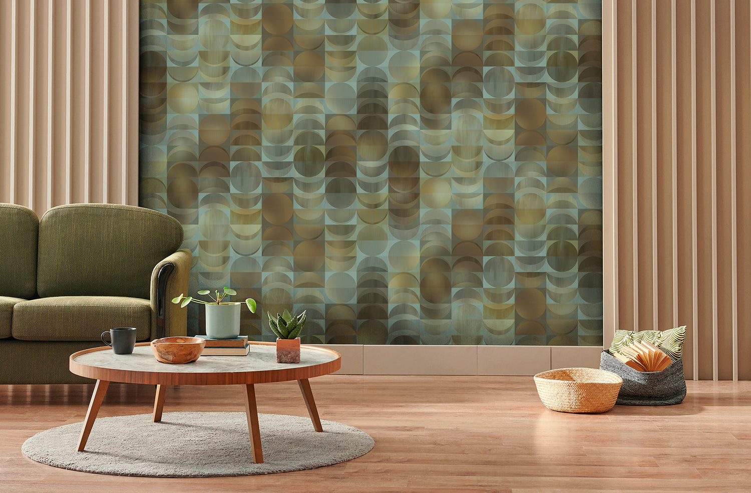 Mid-century modern geometric wallpaper featuring a semi-circle pattern in shades of moss green, teal, and bronze, styled in a contemporary living room.
