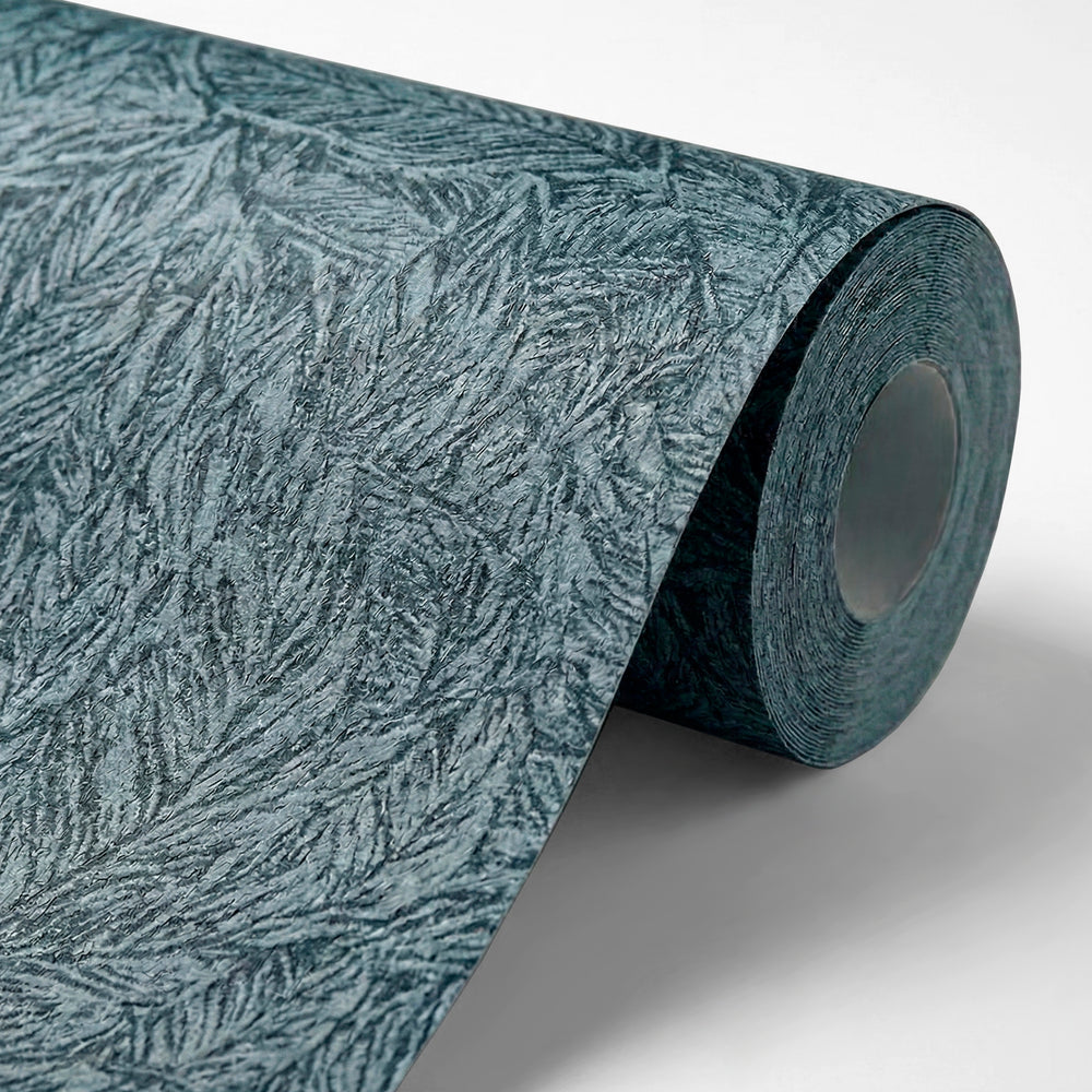 Roll of textured blue-green wallpaper on a white background